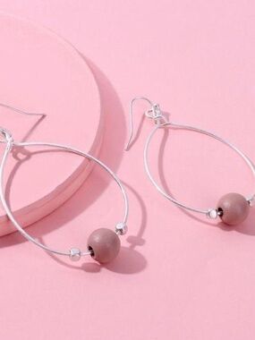 Womens Silver Tone Oval Hoop Earrings with Bead Accent